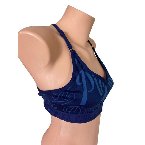 Victoria's Secret PINK Sport Bra Sz L Blue Strappy Back V-Neck - Picture 2 of 6
